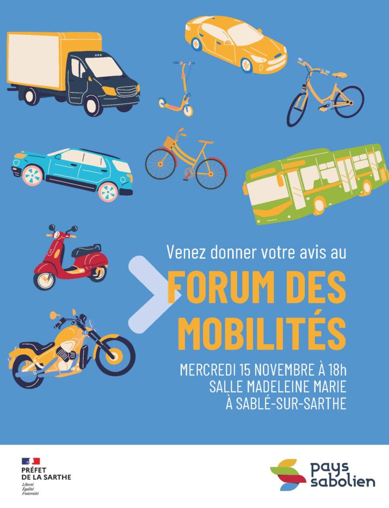 Affiche forum des mobilité le 15 novembre à 18h à la salle Madeleine Marie à Sablé-sur-Sarthe